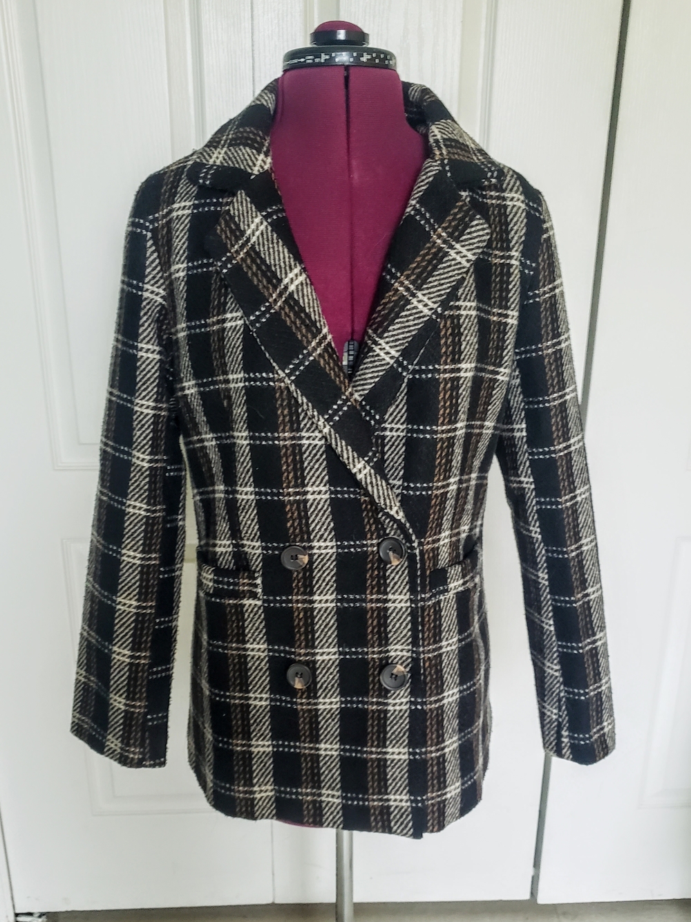 Black & Cream Plaid Double-Breasted Women's Coat By FASHION ON EARTH IN SMALL